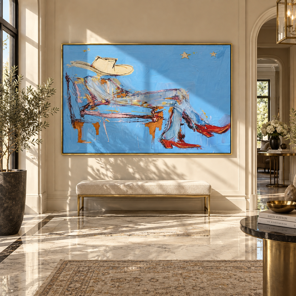 Pale Blue Siesta - resting cowboy painting shown in modern room setting 2