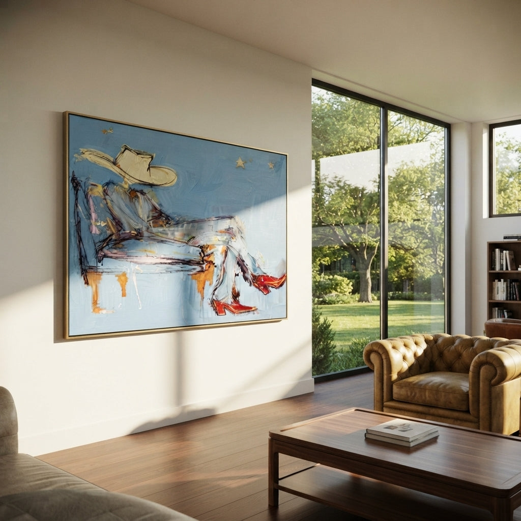 Pale Blue Siesta - resting cowboy painting shown in modern room setting 4