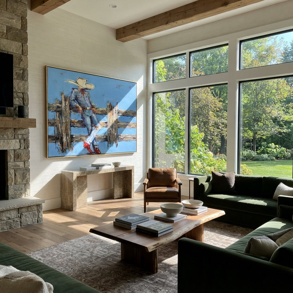 Fence Line Respite - resting ranch cowboy painting displayed in a styled interior