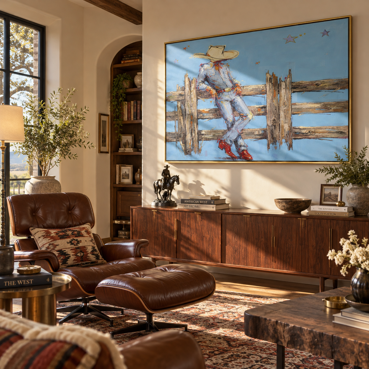 Fence Line Respite - resting ranch cowboy painting shown in modern room setting 5
