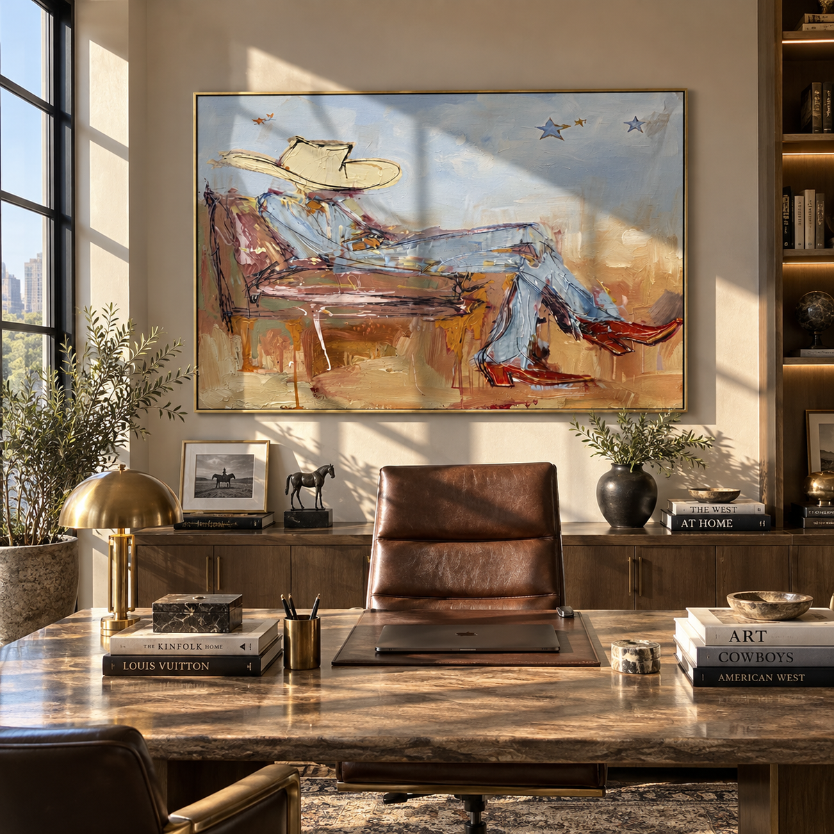 Cloudlight on the Sofa - reclining cowboy painting shown in modern room setting 2