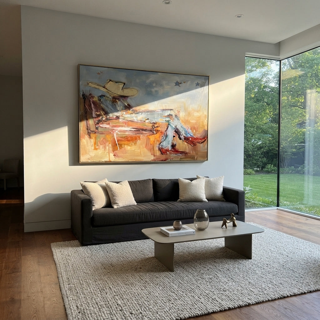Cloudlight on the Sofa - reclining cowboy painting shown in modern room setting 5