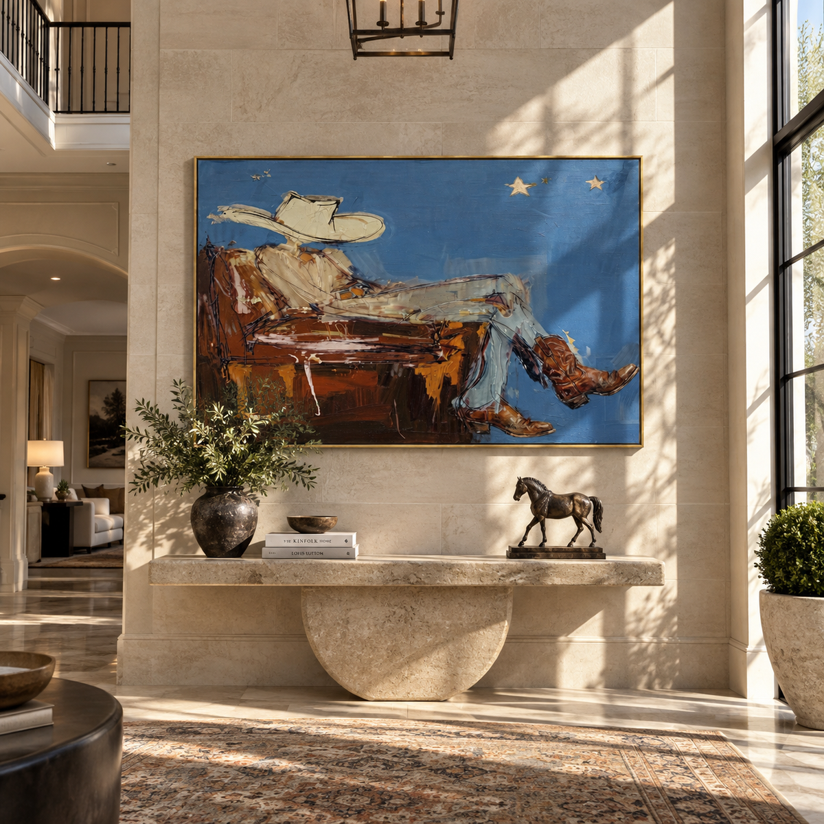 Blue Horizon, Brown Boots - resting cowboy painting displayed in a styled interior