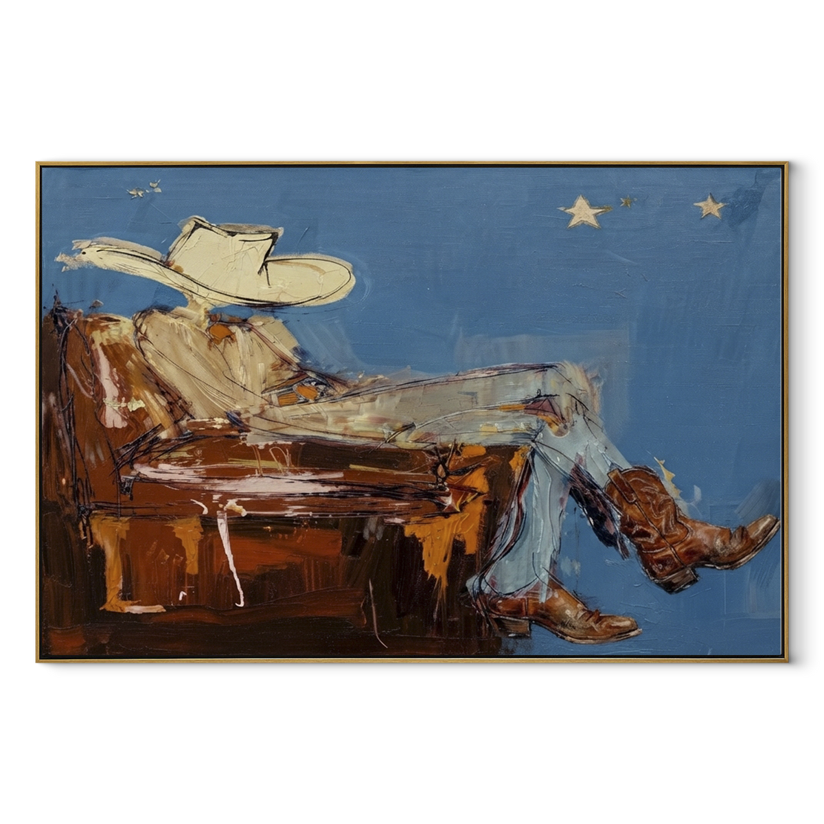Blue Horizon, Brown Boots - resting cowboy painting in a wood frame on white