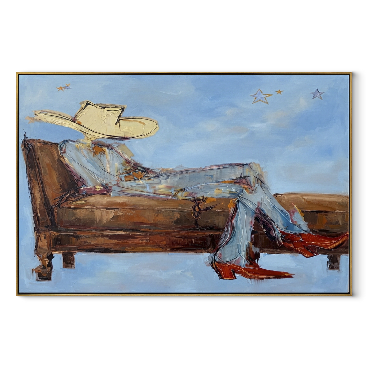 Pale Sky, Long Rest - reclining cowboy painting in a wood frame on white