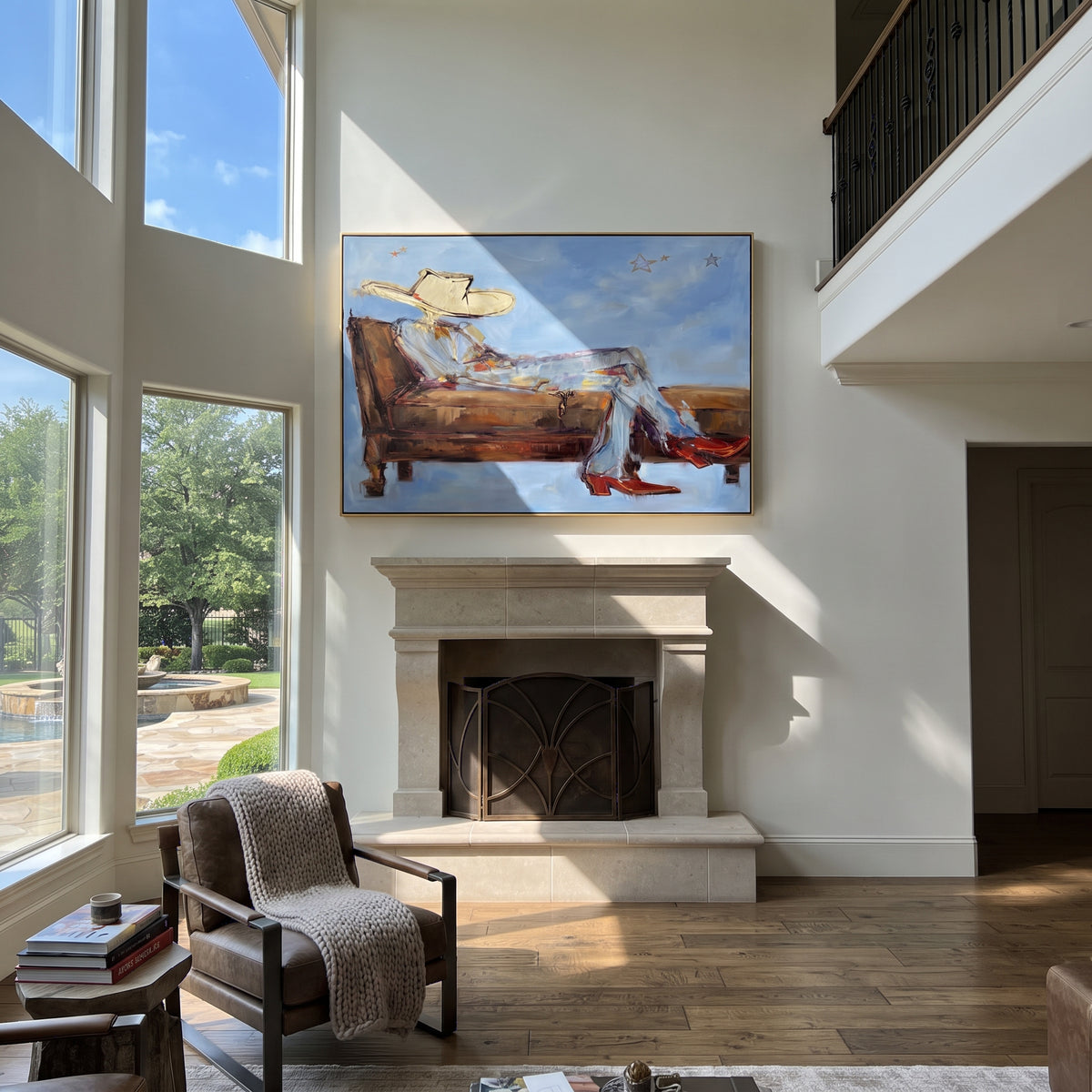 Pale Sky, Long Rest - reclining cowboy painting shown in modern room setting 2