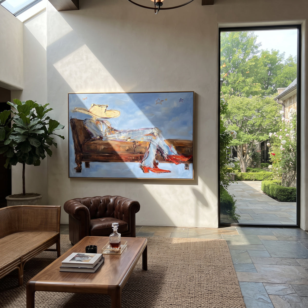 Pale Sky, Long Rest - reclining cowboy painting shown in modern room setting 3