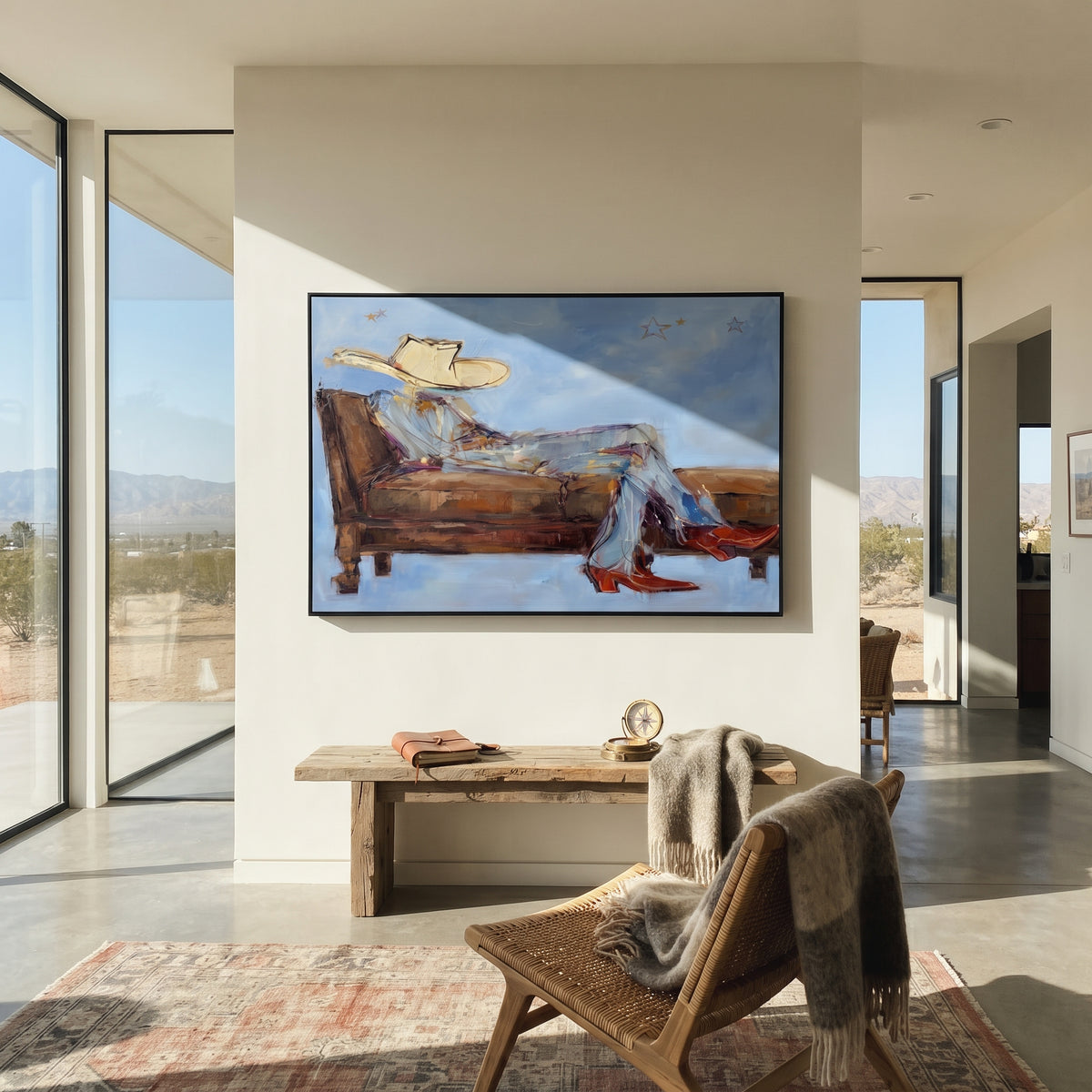 Pale Sky, Long Rest - reclining cowboy painting shown in modern room setting 4
