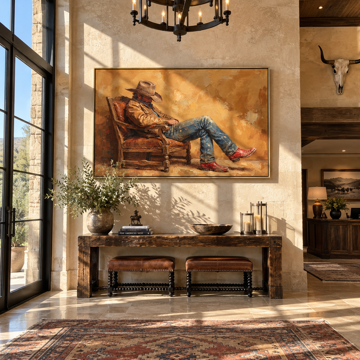 Amber Room Solitude - seated cowboy painting displayed in a styled interior