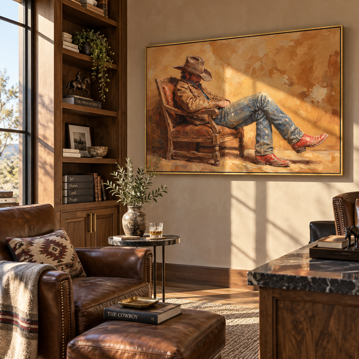 Amber Room Solitude - seated cowboy painting shown in modern room setting 3