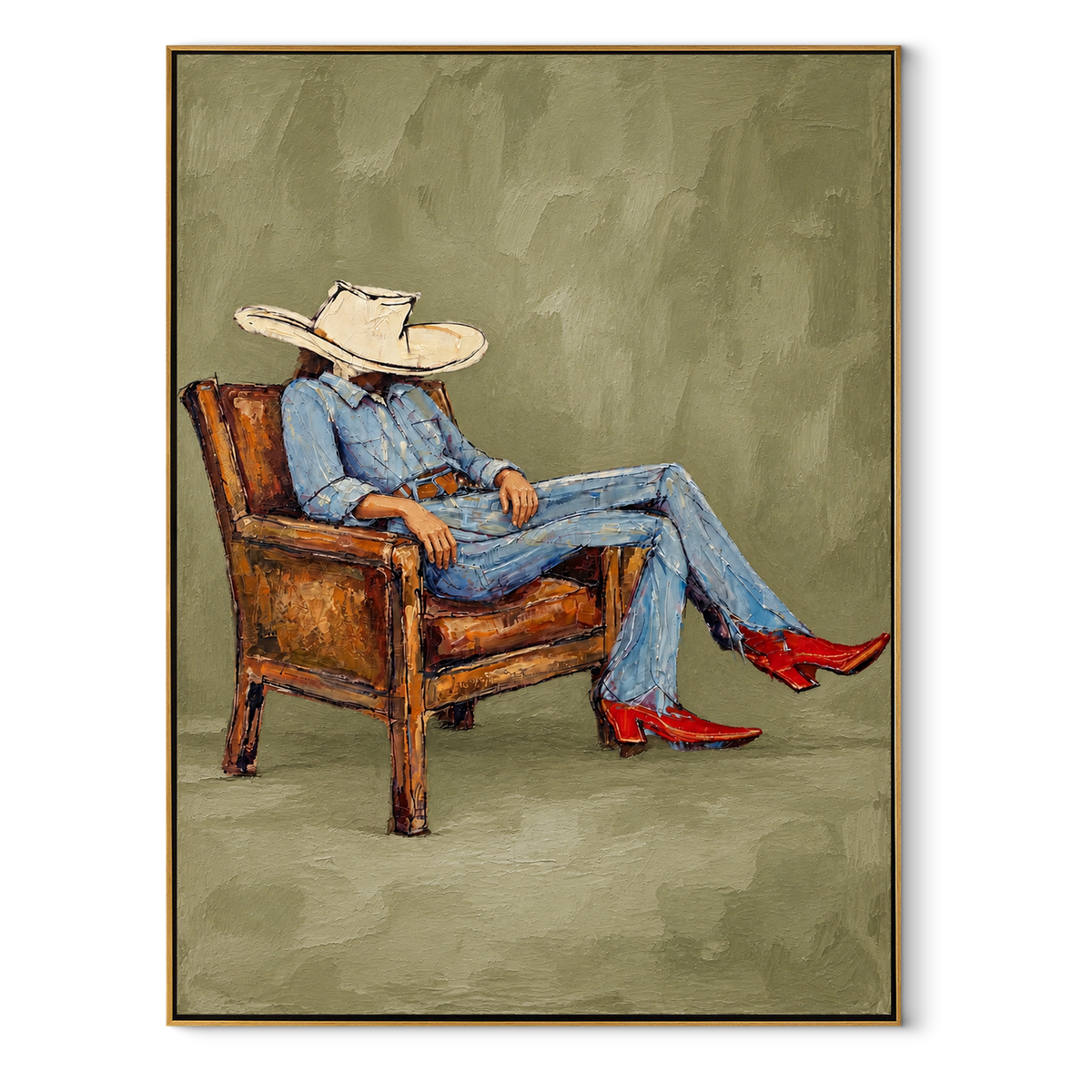 Sage Chair, Red Boots - seated cowboy portrait painting in a wood frame on white
