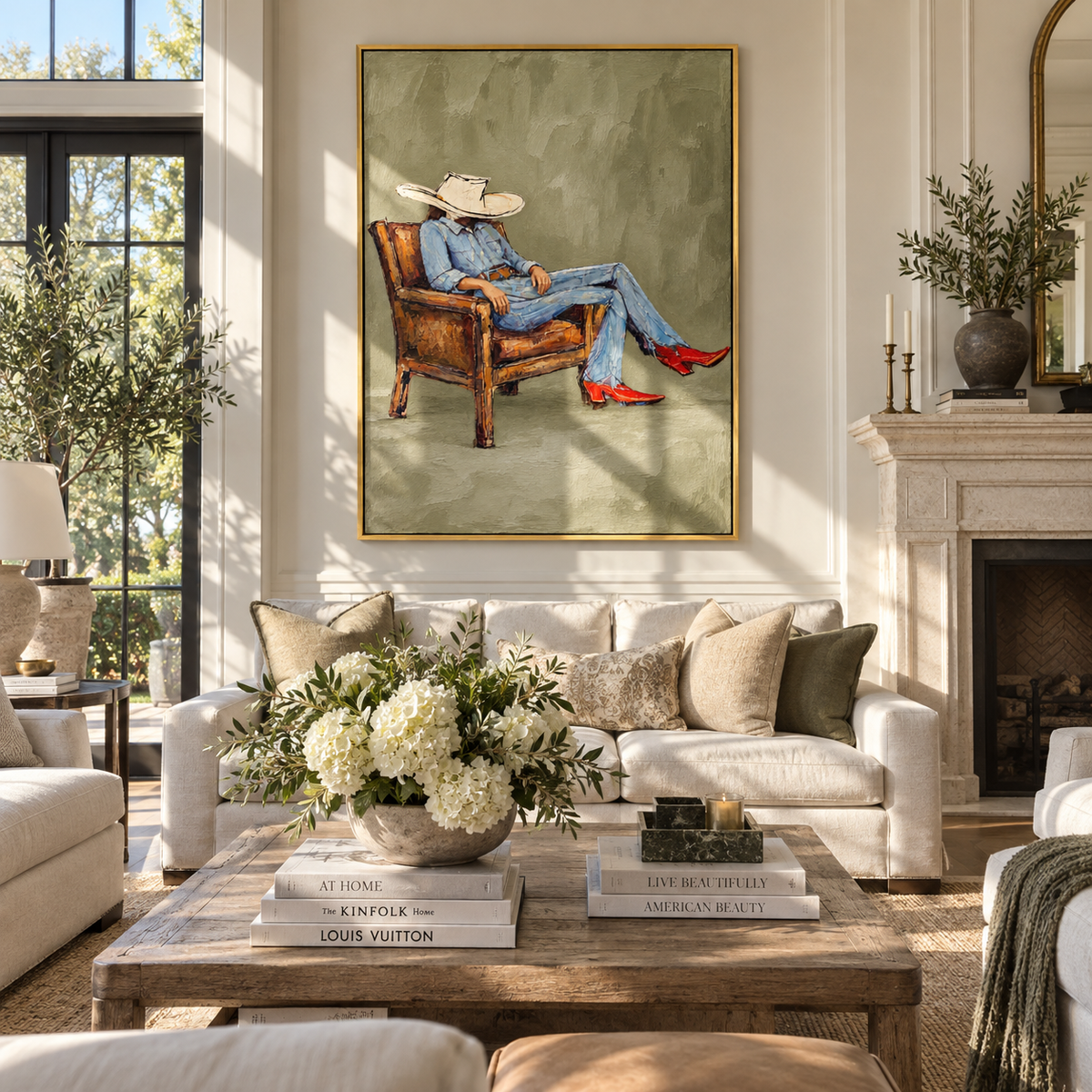 Sage Chair, Red Boots - seated cowboy portrait painting shown in modern room setting 2