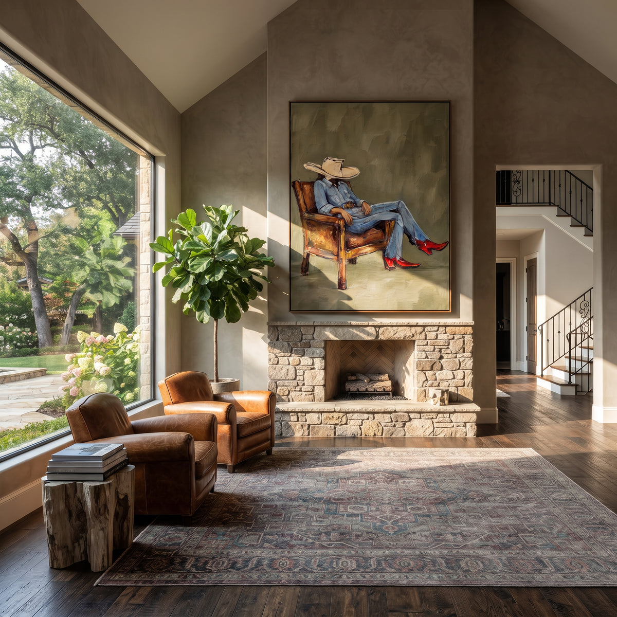 Sage Chair, Red Boots - seated cowboy portrait painting shown in modern room setting 4