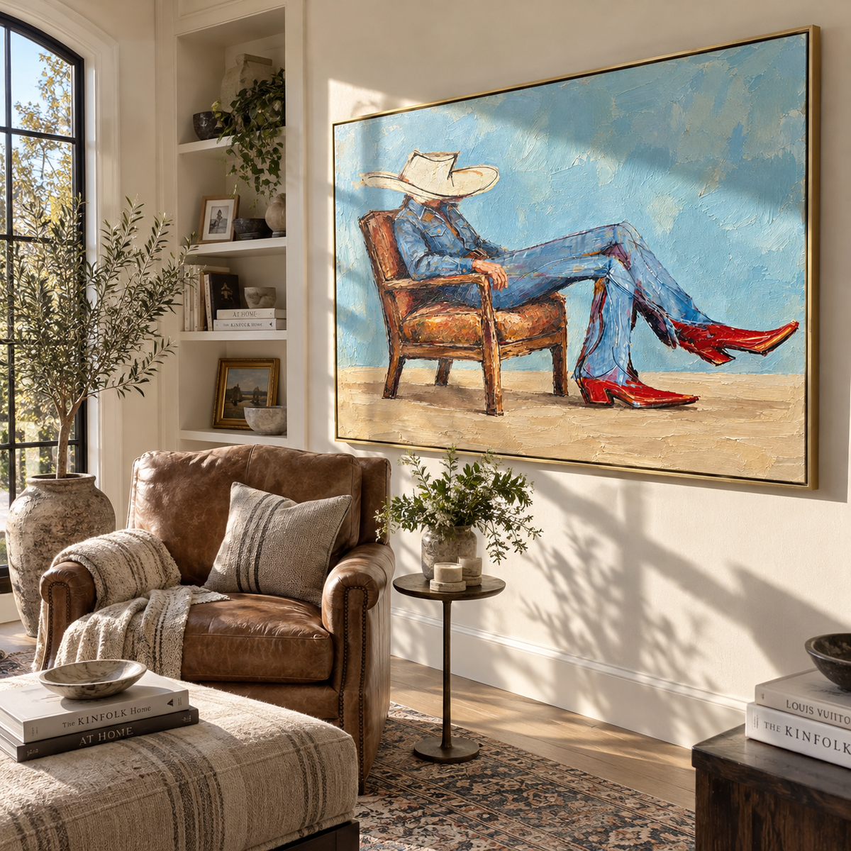 Open Sky Armchair - relaxed cowboy painting displayed in a styled interior