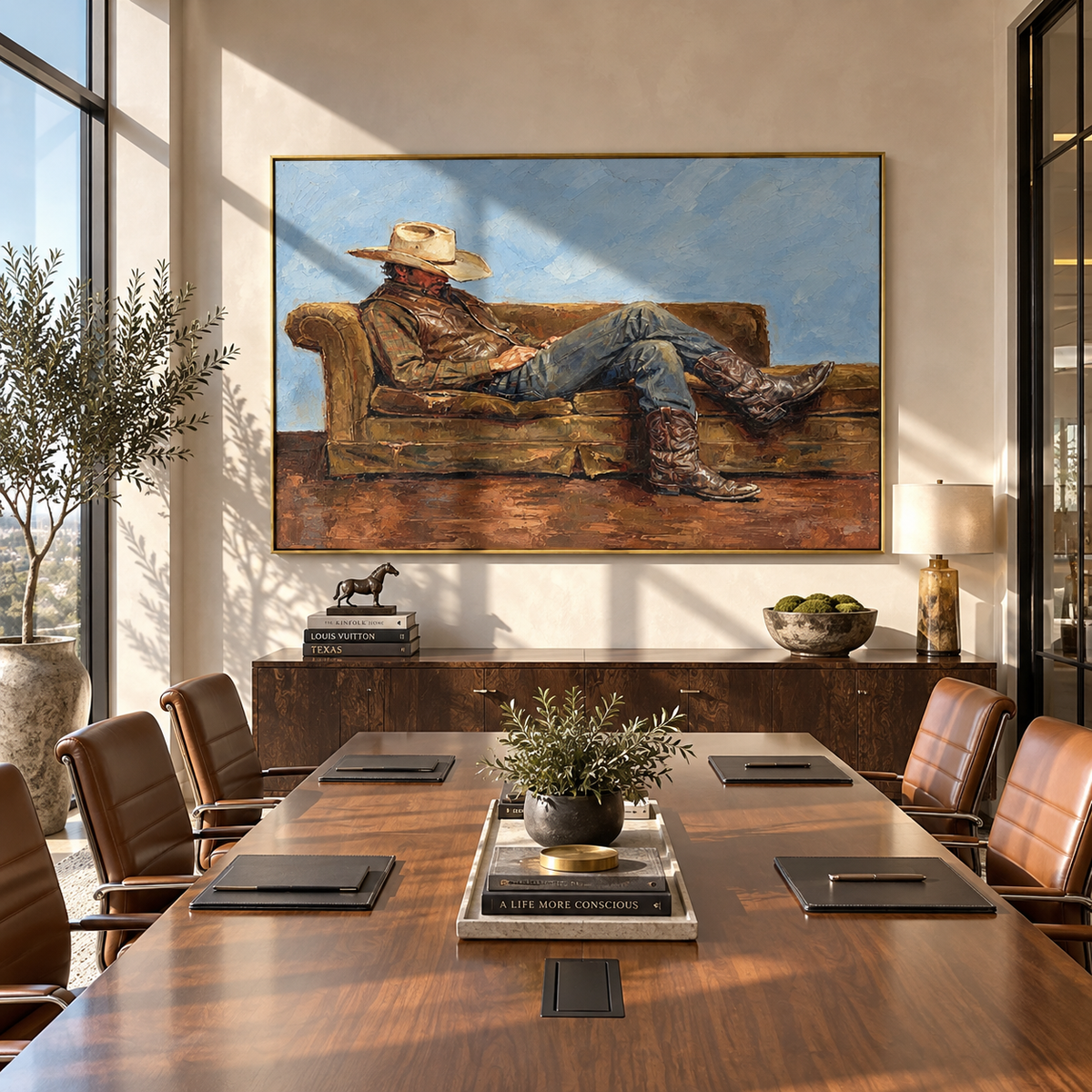 Brown Sofa, Blue Horizon - reclining cowboy painting shown in modern room setting 2