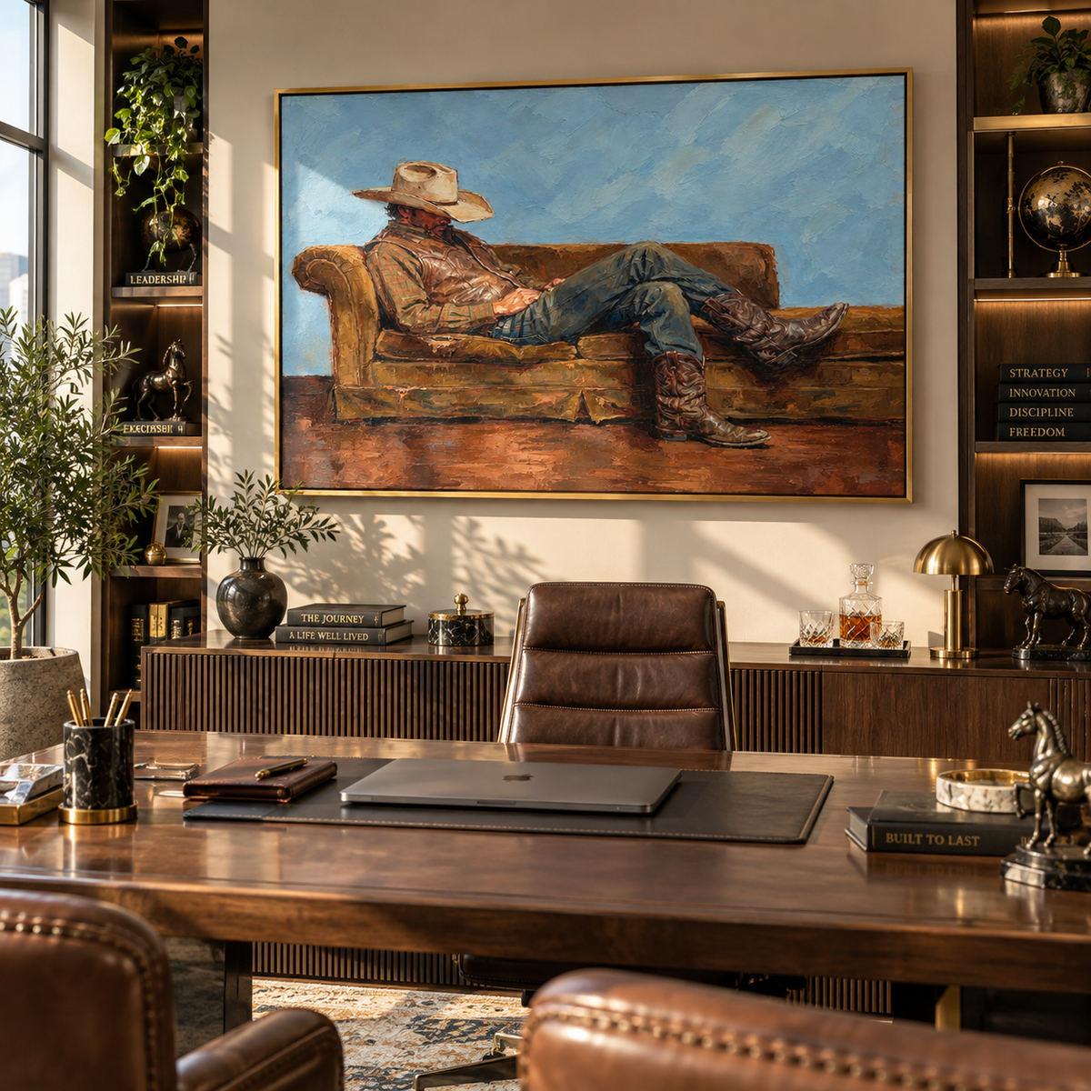 Brown Sofa, Blue Horizon - reclining cowboy painting shown in modern room setting 3