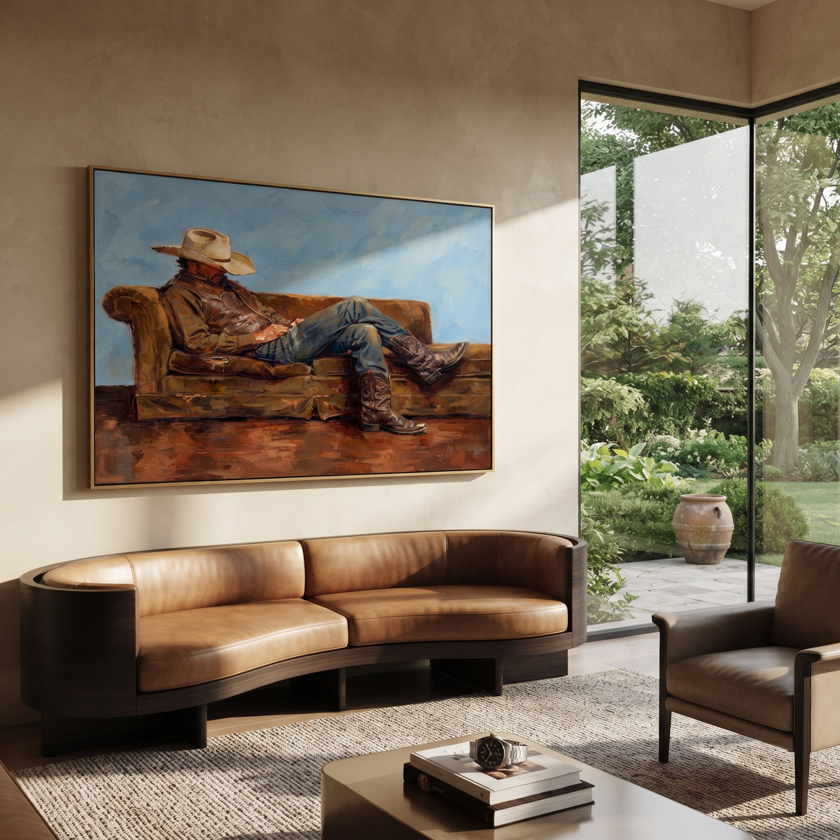 Brown Sofa, Blue Horizon - reclining cowboy painting shown in modern room setting 5
