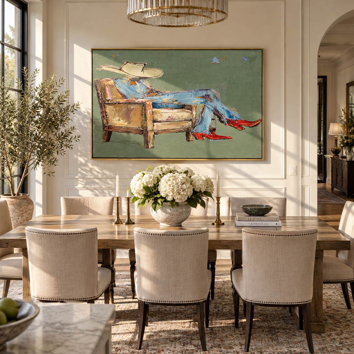 Sage Sofa Reverie - resting cowboy painting shown in modern room setting 2