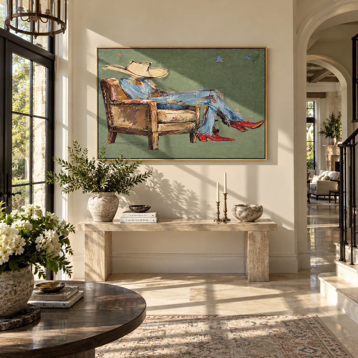 Sage Sofa Reverie - resting cowboy painting shown in modern room setting 3