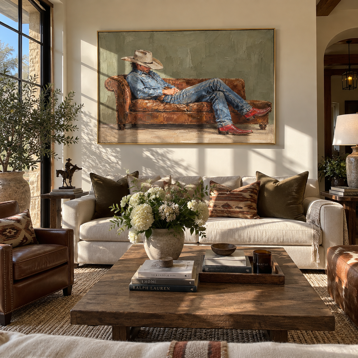 Olive Room, Quiet Recline - relaxed cowboy painting displayed in a styled interior