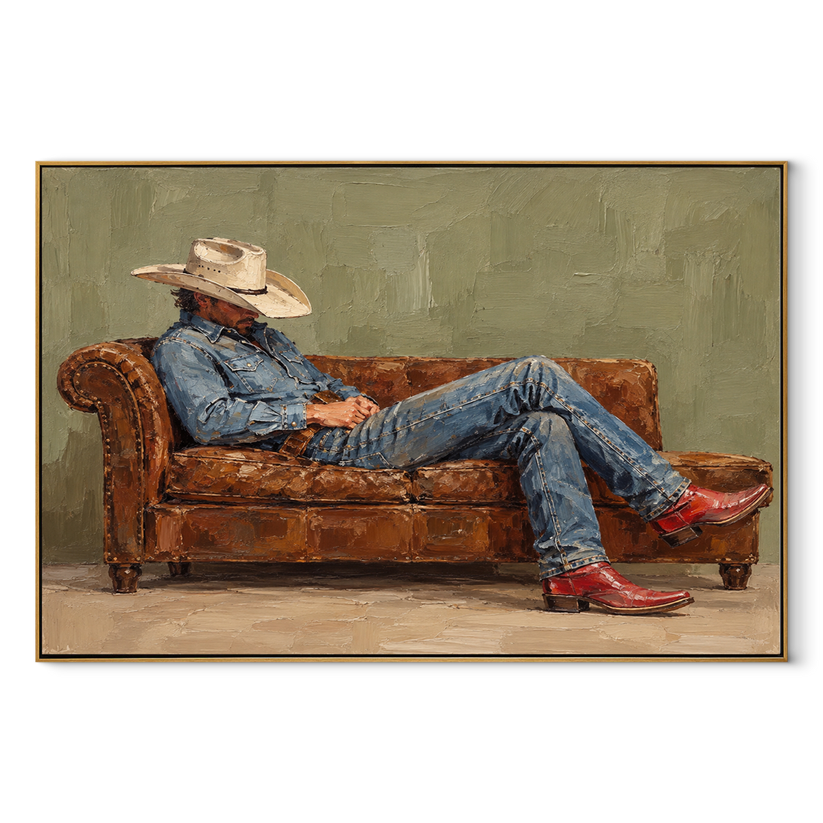 Olive Room, Quiet Recline - relaxed cowboy painting in a wood frame on white