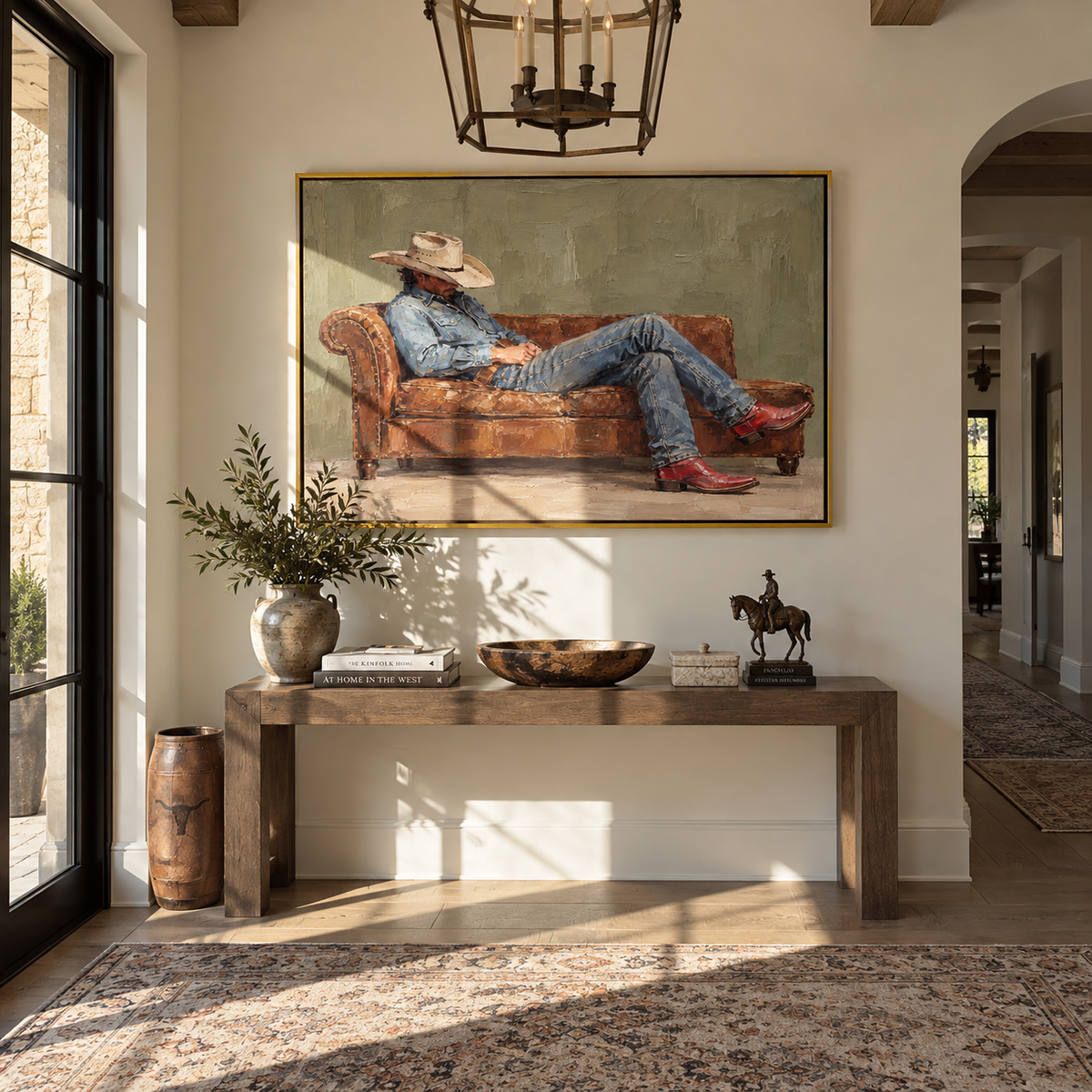 Olive Room, Quiet Recline - relaxed cowboy painting shown in modern room setting 3