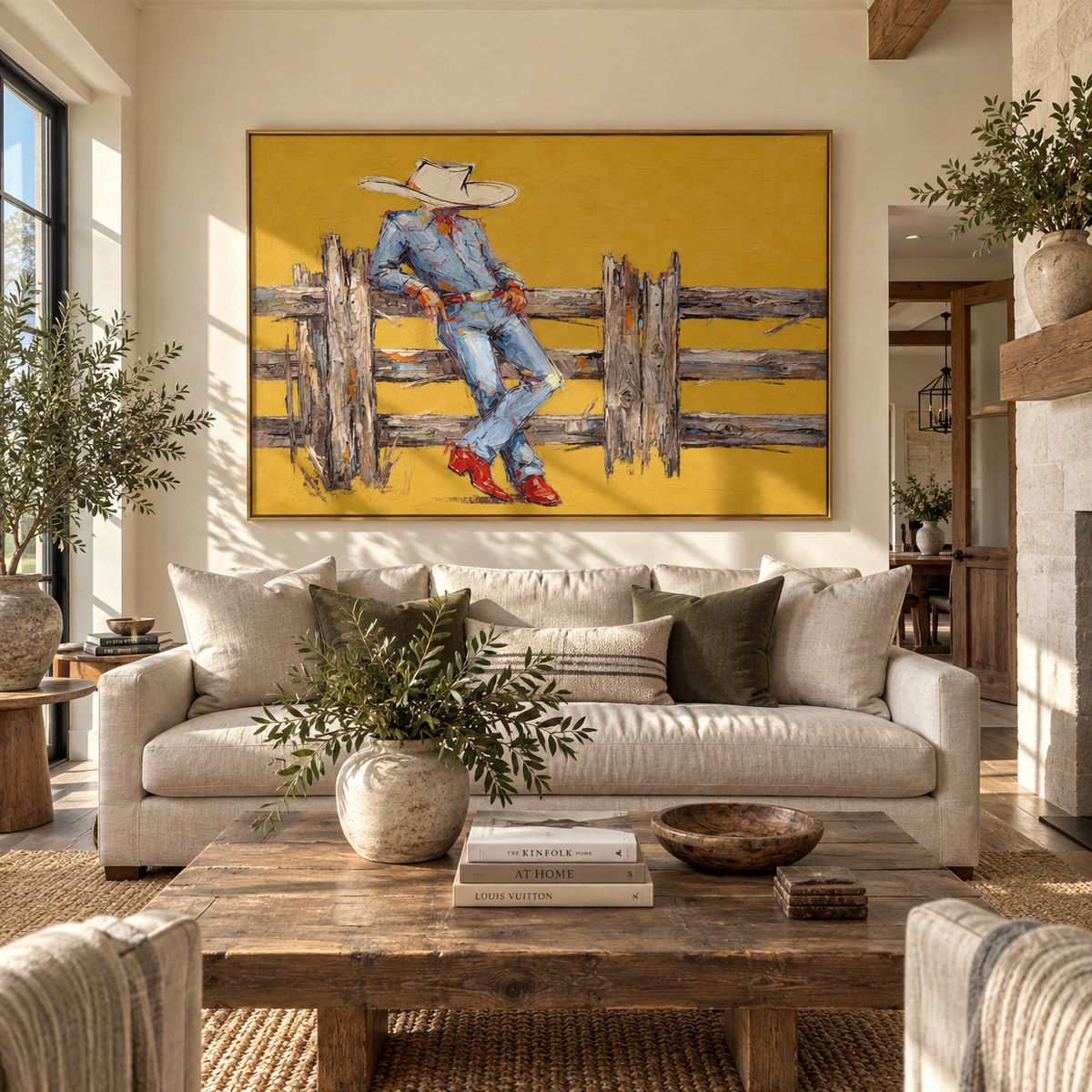 Golden Fence Break - cowboy by fence painting shown in modern room setting 2