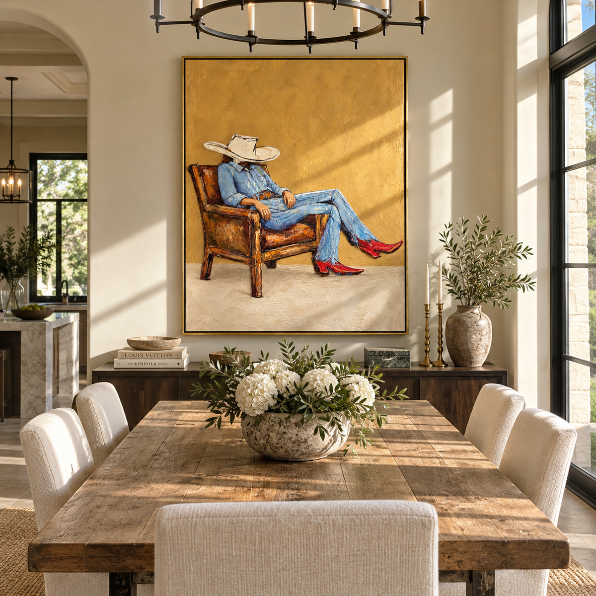 Golden Chair, Scarlet Boots - seated cowboy portrait painting shown in modern room setting 3