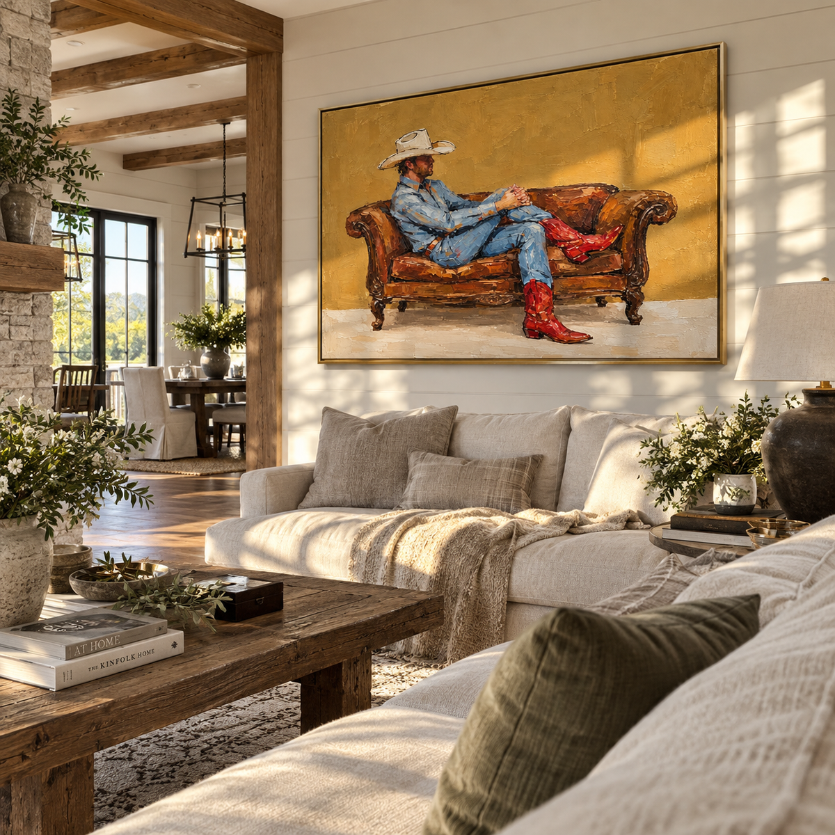 Amber Sofa, White Hat - relaxed cowboy painting displayed in a styled interior