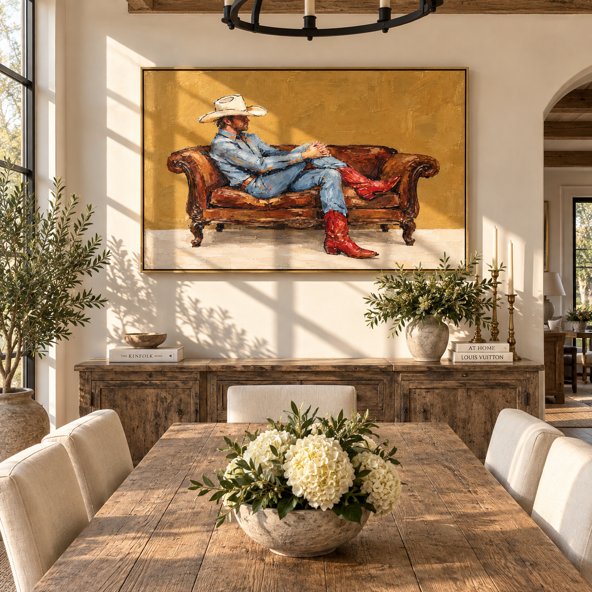 Amber Sofa, White Hat - relaxed cowboy painting shown in modern room setting 3