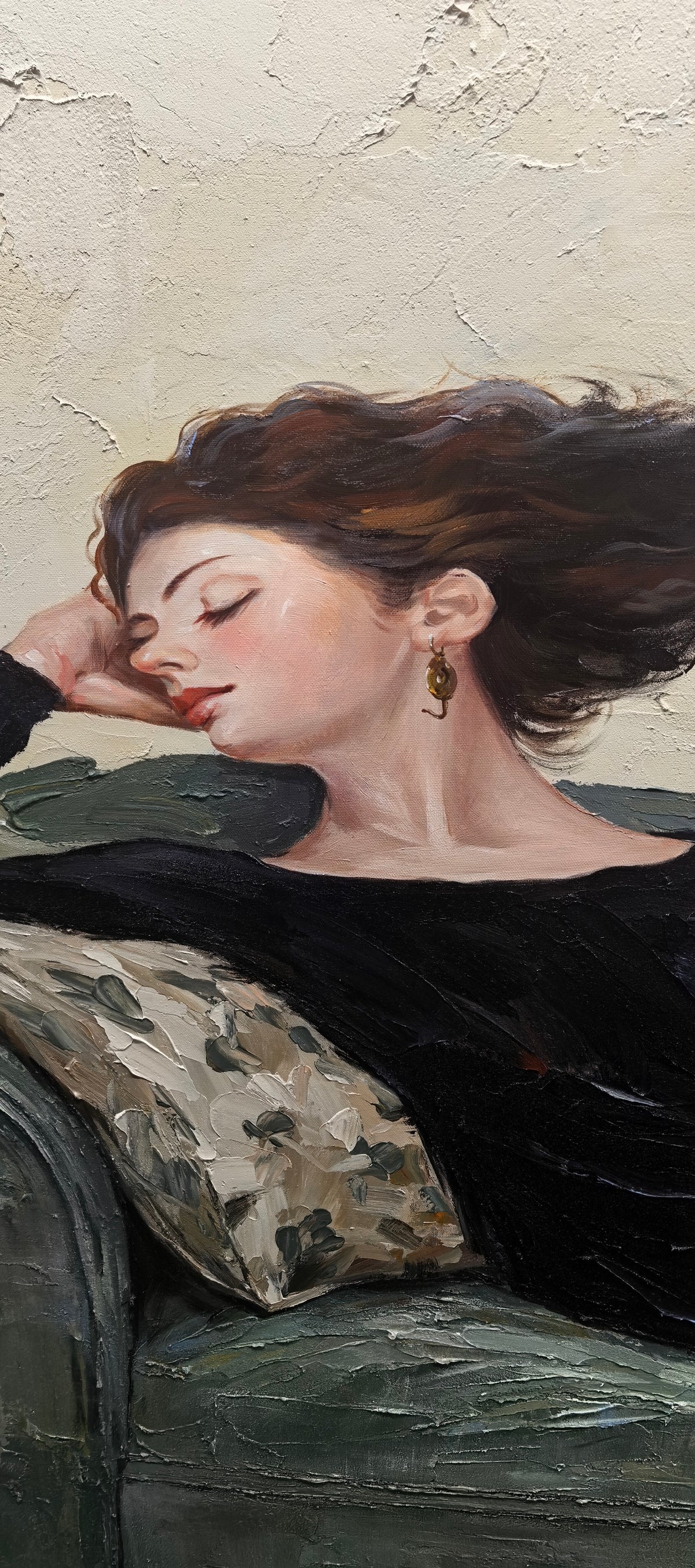 Black Dress Reads Sideways – Reclining Woman Reading on Sofa Painting | Retro Modern Horizontal Wall Art