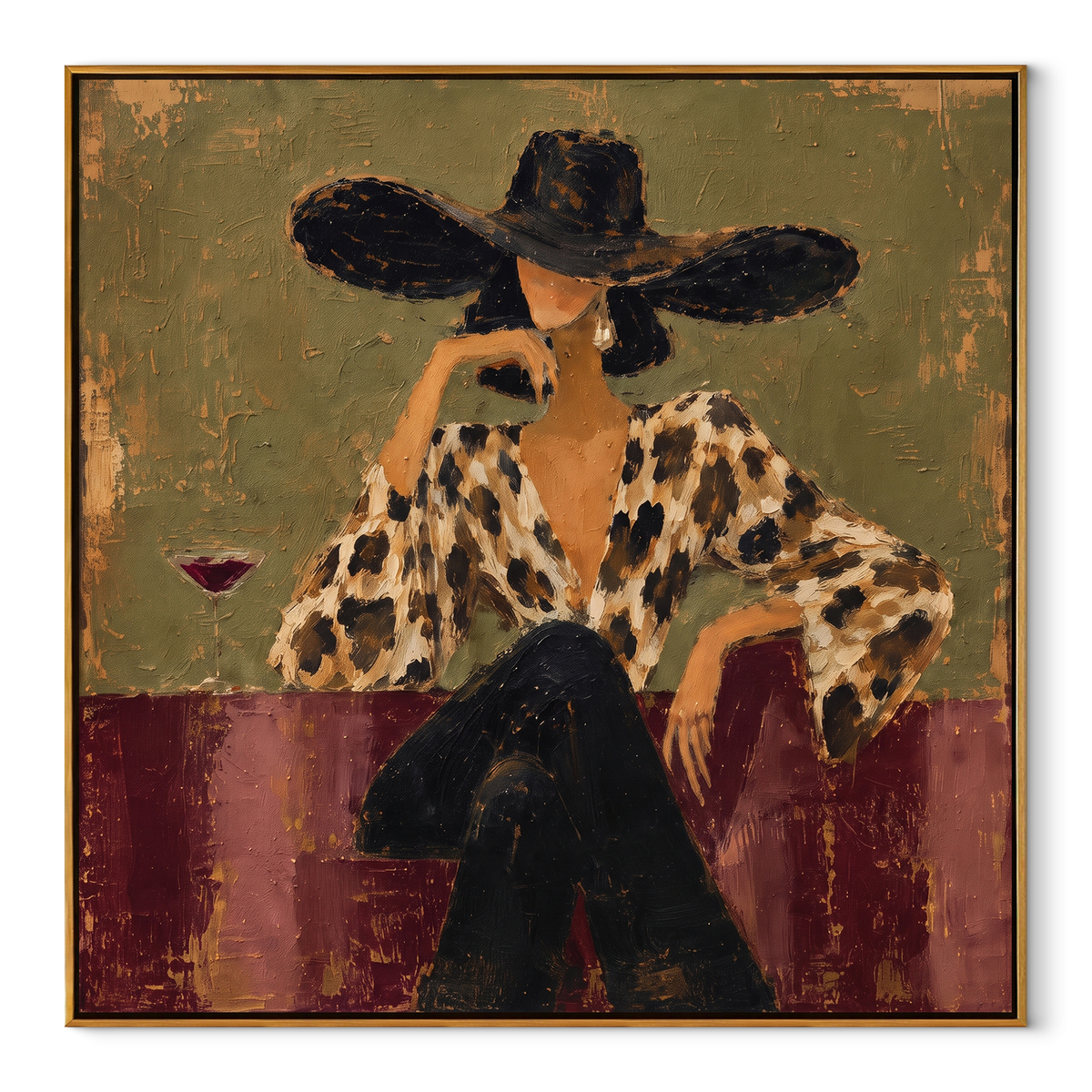 Leopard Blouse Evening Pour – Woman in Leopard Blouse Painting | Retro Fashion Vertical Wall Art