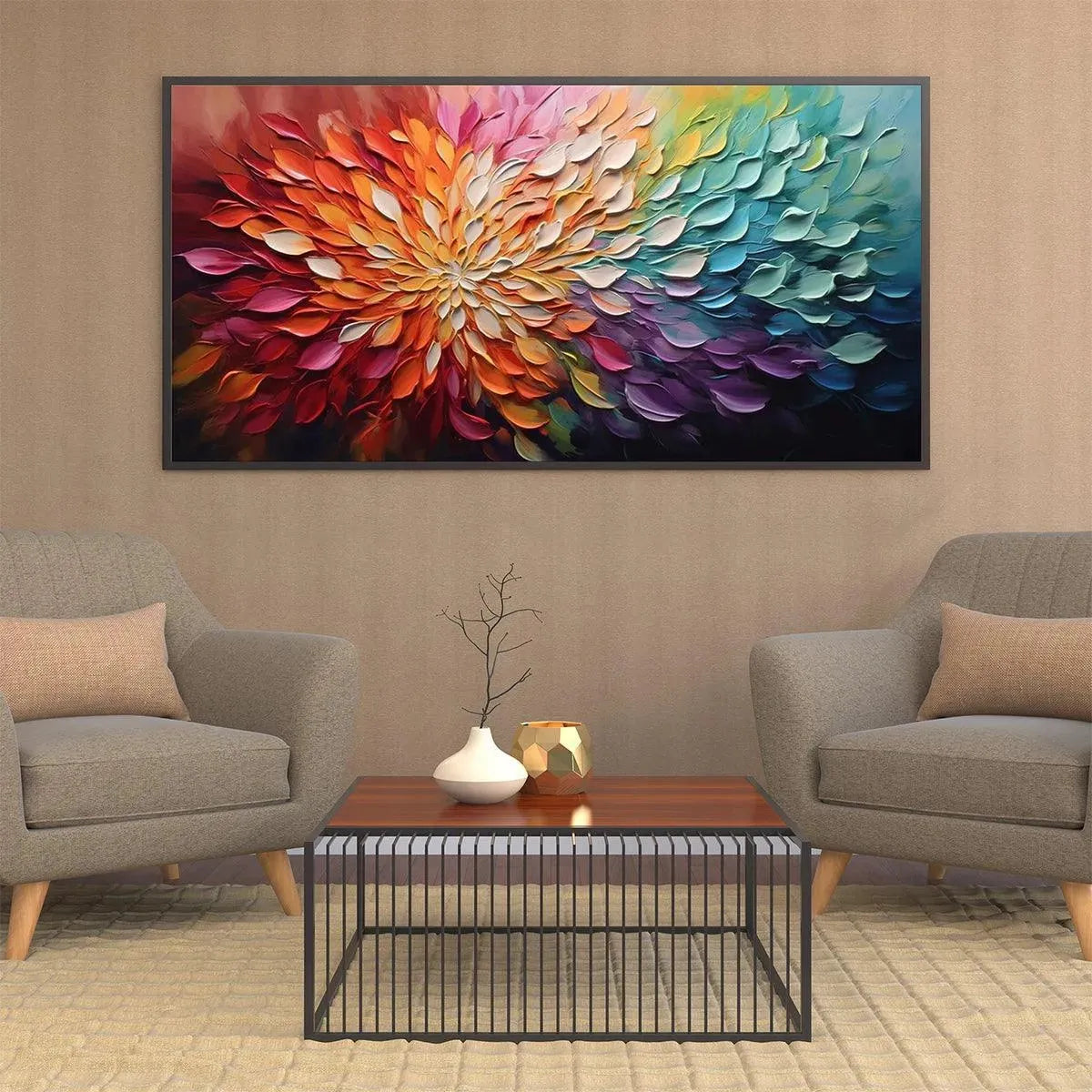 Chrono Bloom – Hand-Painted Multicolored Rainbow Palette Knife 3D Impasto Heavy Texture Oil Abstract Painting | Vibrant Botanical Living Room & Dining Room Art