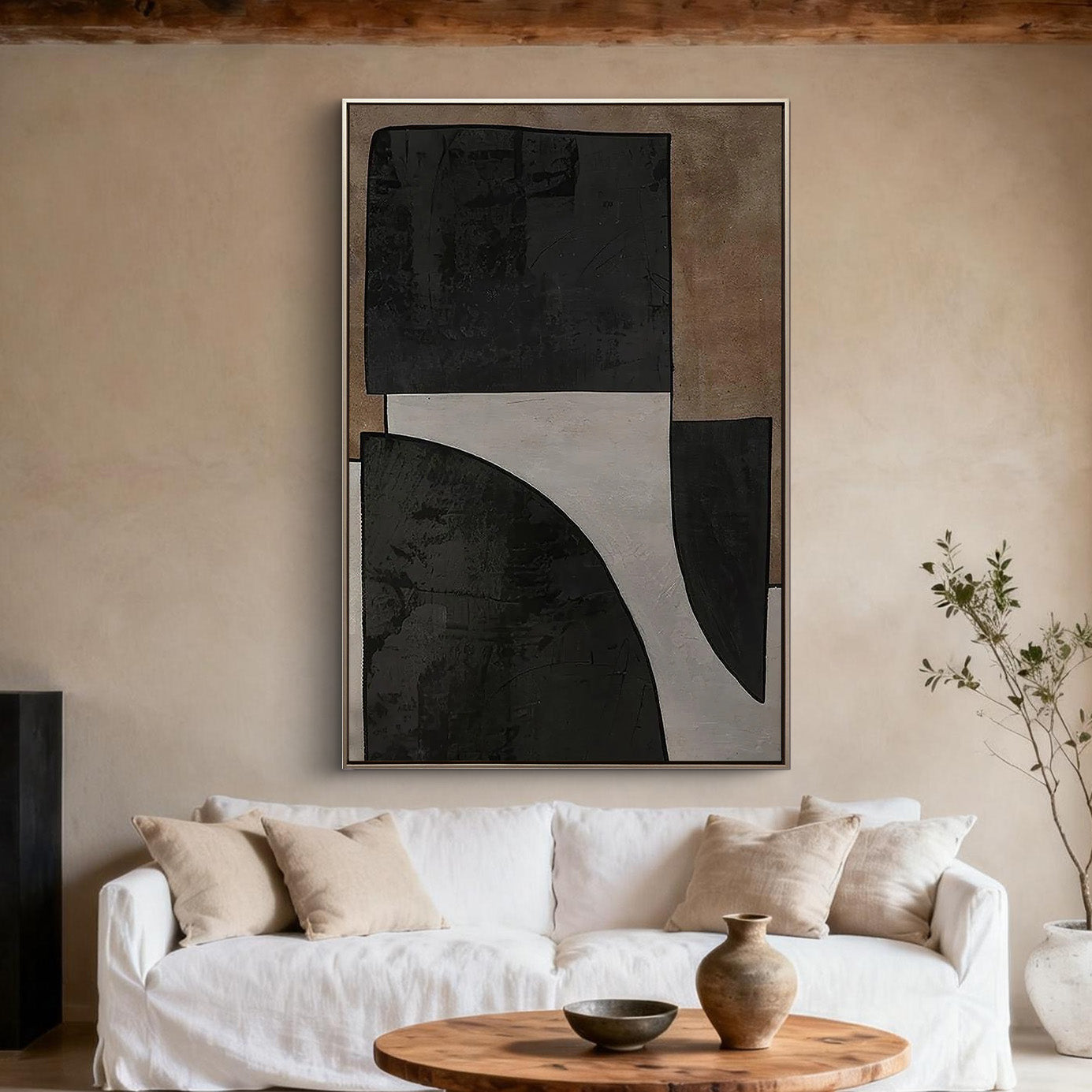 Onyx Structure – Black & Sand Minimalist Block Wabi-Sabi Painting | Japandi Organic Wabi-Sabi Living Room & Hallway Art