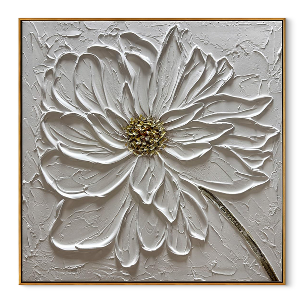 Floral Zenith – Heavy Impasto White Petal Relief Floral Painting | Contemporary Botanical Bedroom & Living Room Art