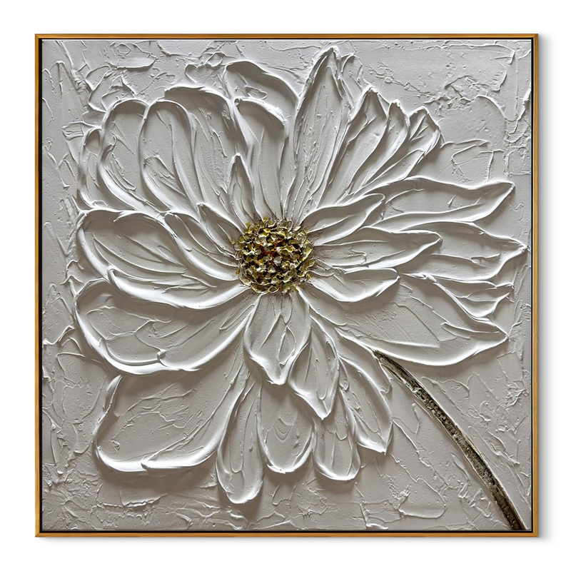Floral Zenith – Heavy Impasto White Petal Relief Floral Painting | Contemporary Botanical Bedroom & Living Room Art