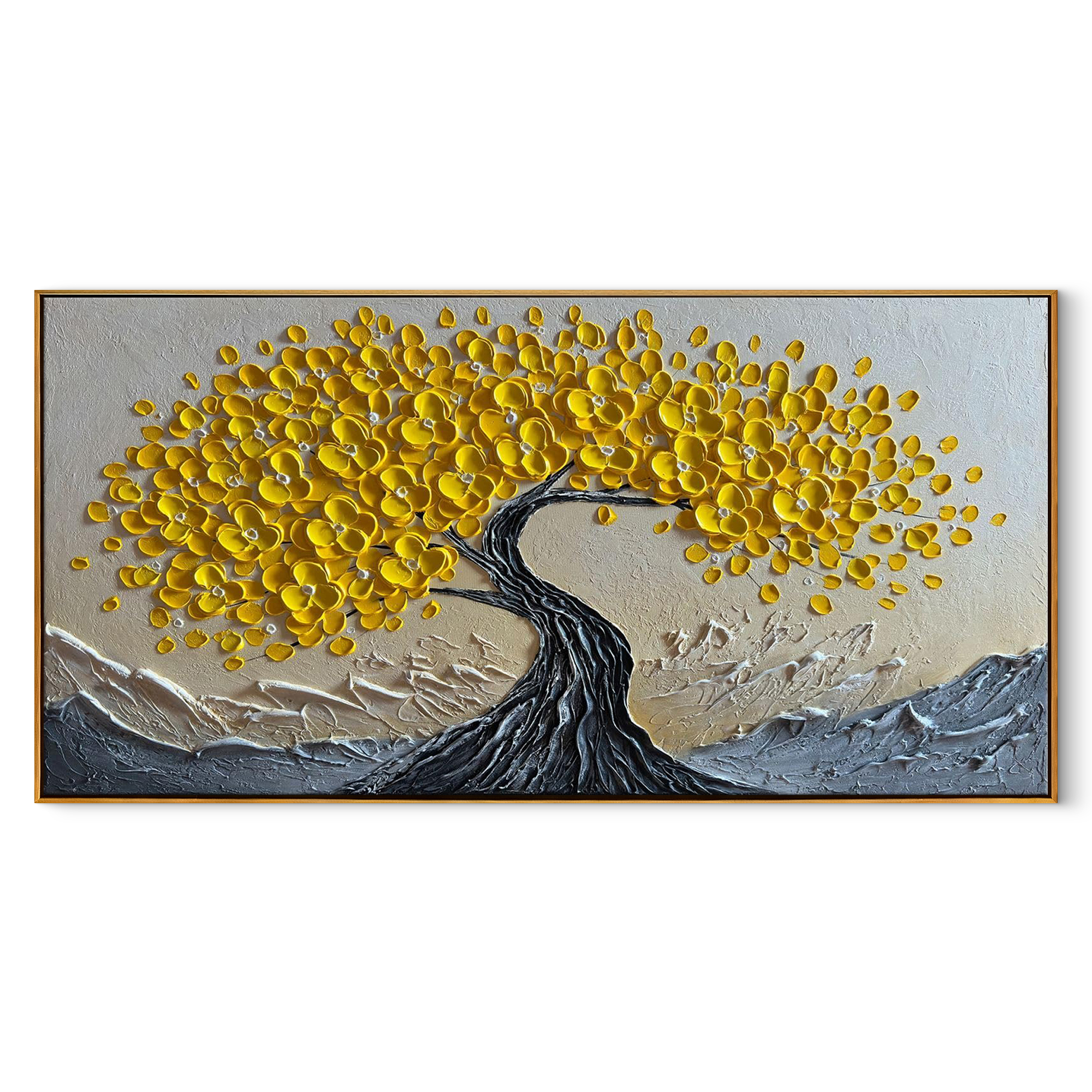 GOLDEN VIGOR: Panoramic 3D Heavy Texture Tree Wall Art, Yellow Flower Relief Painting