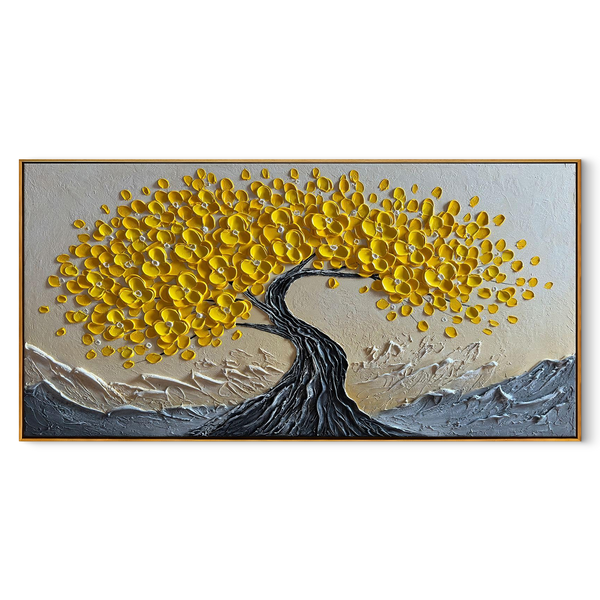 Golden Vigor – Yellow Flower Relief Texture Painting | Modern Luxury Botanical Bedroom & Living Room Art
