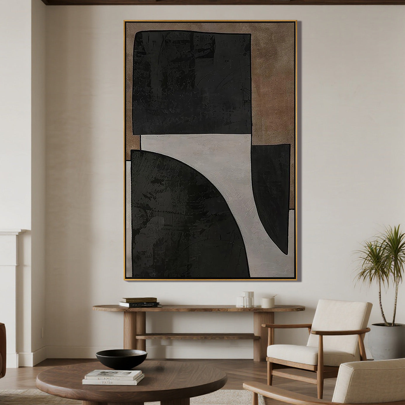 Onyx Structure – Black & Sand Minimalist Block Wabi-Sabi Painting | Japandi Organic Wabi-Sabi Living Room & Hallway Art