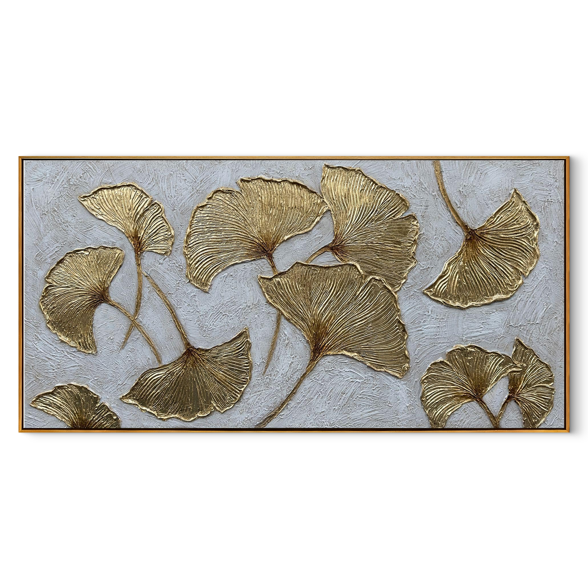 GILDED LEAVES: Panoramic 3D Heavy Texture Ginkgo Wall Art, Modern Gold Leaf Relief Painting