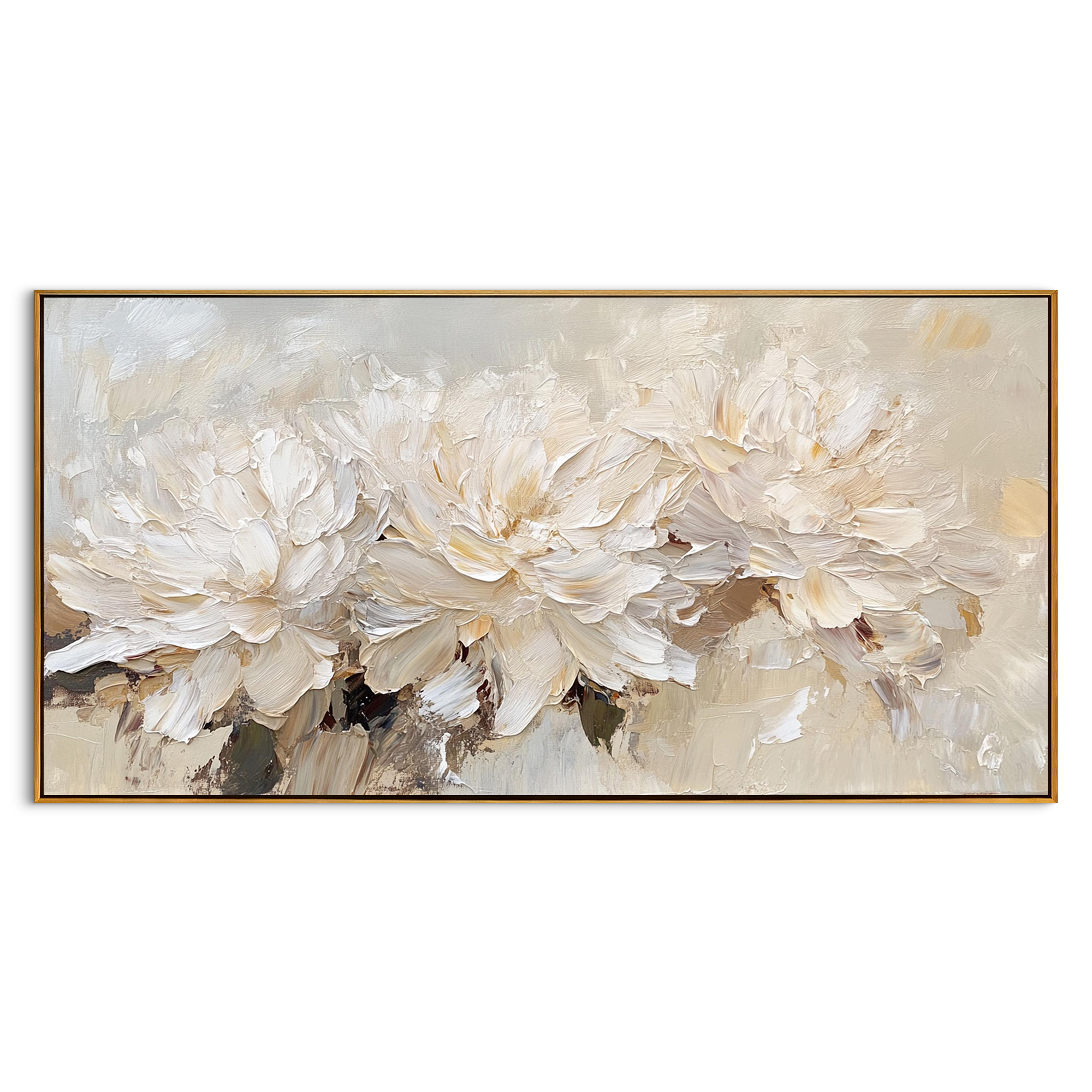 VANILLA PEONY: Panoramic 3D Heavy Texture Floral Wall Art, Creamy Relief Palette Knife Painting