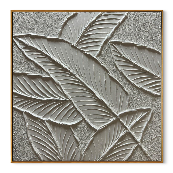 Tropical Repose – White Plaster Foliage Relief Texture Painting | Contemporary Botanical Bedroom & Living Room Art