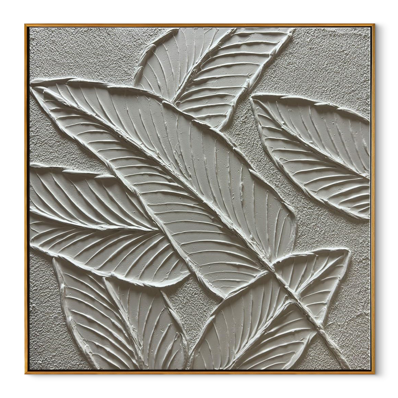 Tropical Repose – White Plaster Foliage Relief Texture Painting | Contemporary Botanical Bedroom & Living Room Art