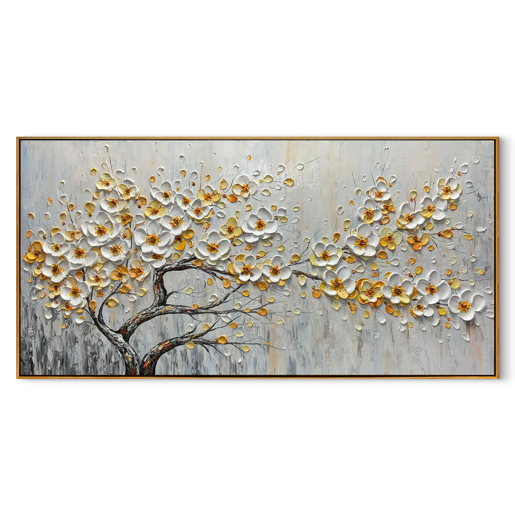 Gilded Blossom – Modern Heavy Textured Floral Painting | Luxury Horizontal Living Room Art