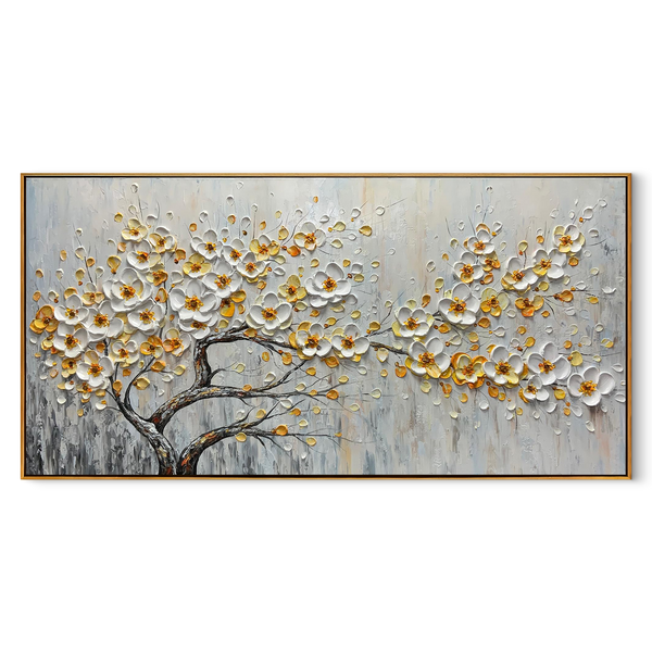 Gilded Blossom – Modern Heavy Textured Floral Painting | Luxury Horizontal Living Room Art