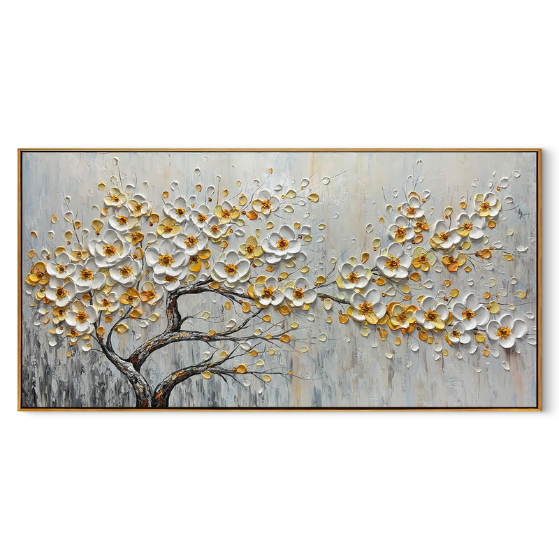 Gilded Blossom – Modern Heavy Textured Floral Painting | Luxury Horizontal Living Room Art
