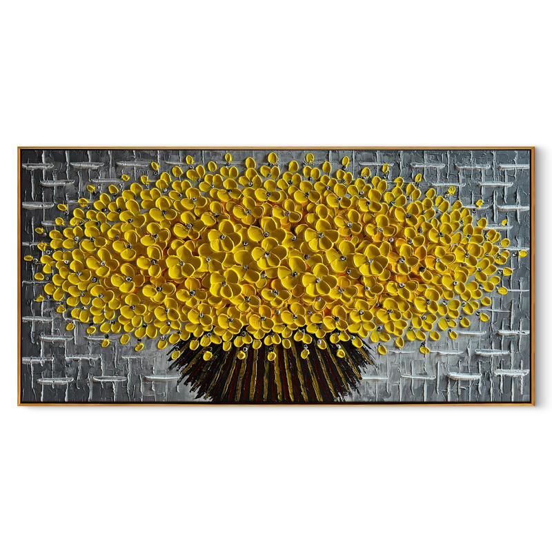 Golden Glow – Luxury Yellow Flower Tree Relief Floral Painting | Modern Luxury Botanical Bedroom & Living Room Art