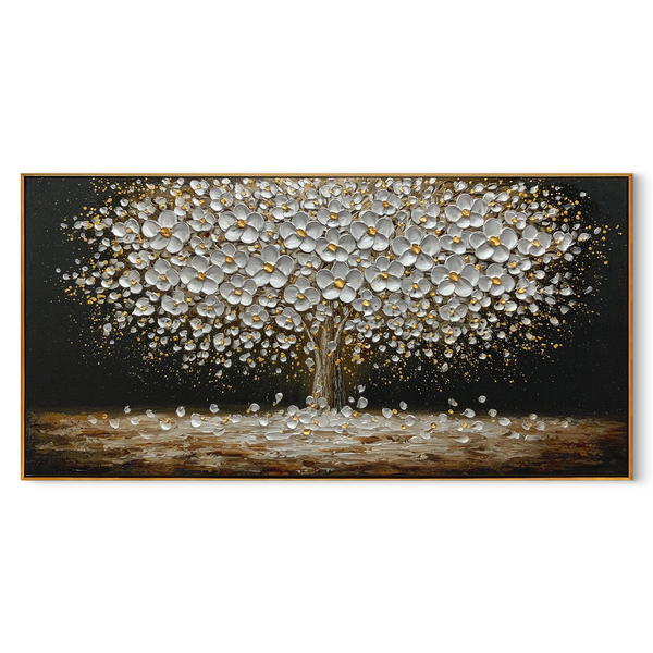 Golden Glow – Black and Gold Flower Tree Floral Painting | Modern Luxury Botanical Bedroom & Living Room Art