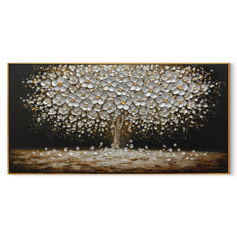 Golden Glow – Black and Gold Flower Tree Floral Painting | Modern Luxury Botanical Bedroom & Living Room Art