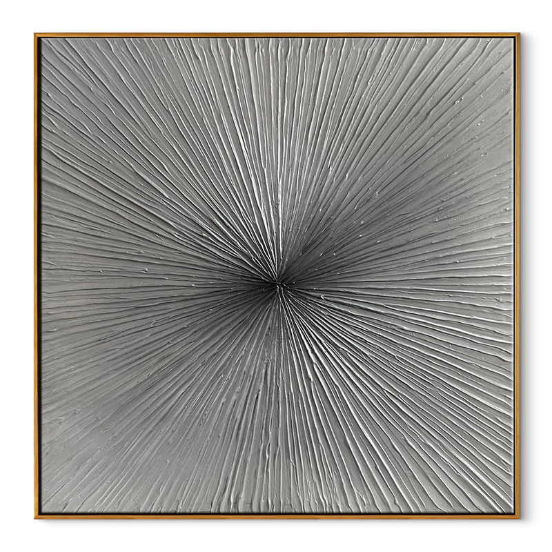 Silver Radiance – Textured Silver Gray Linear Abstract Painting | Modern Minimalist Living Room Wall Art